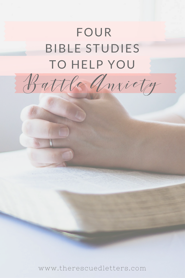 Four Bible Studies to Help You Battle Anxiety | When it comes to battling anxiety, the deeper I go into God’s Word the easier it is to swing the sword. An in-depth Bible study might be just what you need to go from victim to victor. I have personally completed all of these studies and each one of them helped me step forward in my faith and live more courageously. | #biblestudy #anxiety #bethmoore #priscillashirer #readystudy | www.therescuedletters.com