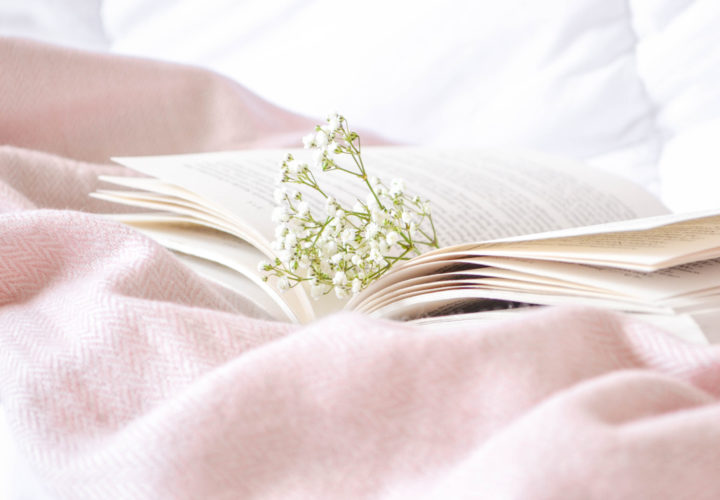 baby's breath flowers tucked in a book on a pink blanket